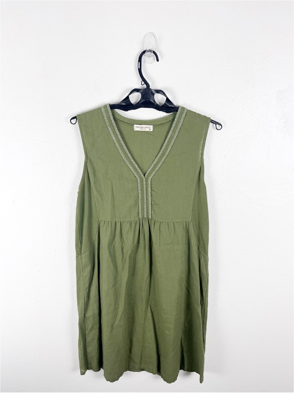 TERZO MILLENNIO Green Linen Blend V-Neck Sleeveless Side Panel Dress Medium Boho